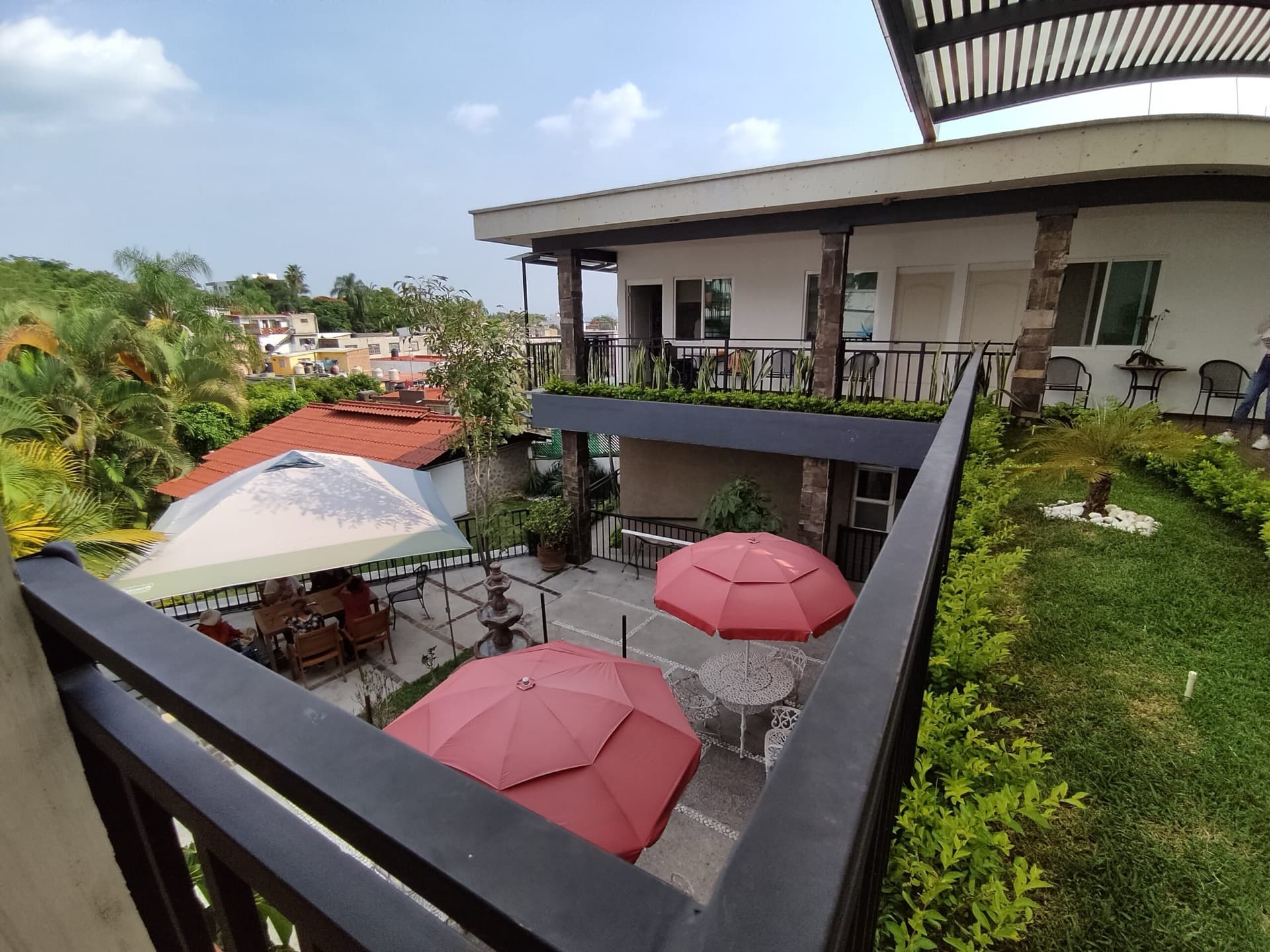 Terrace with umbrellas and resting areas