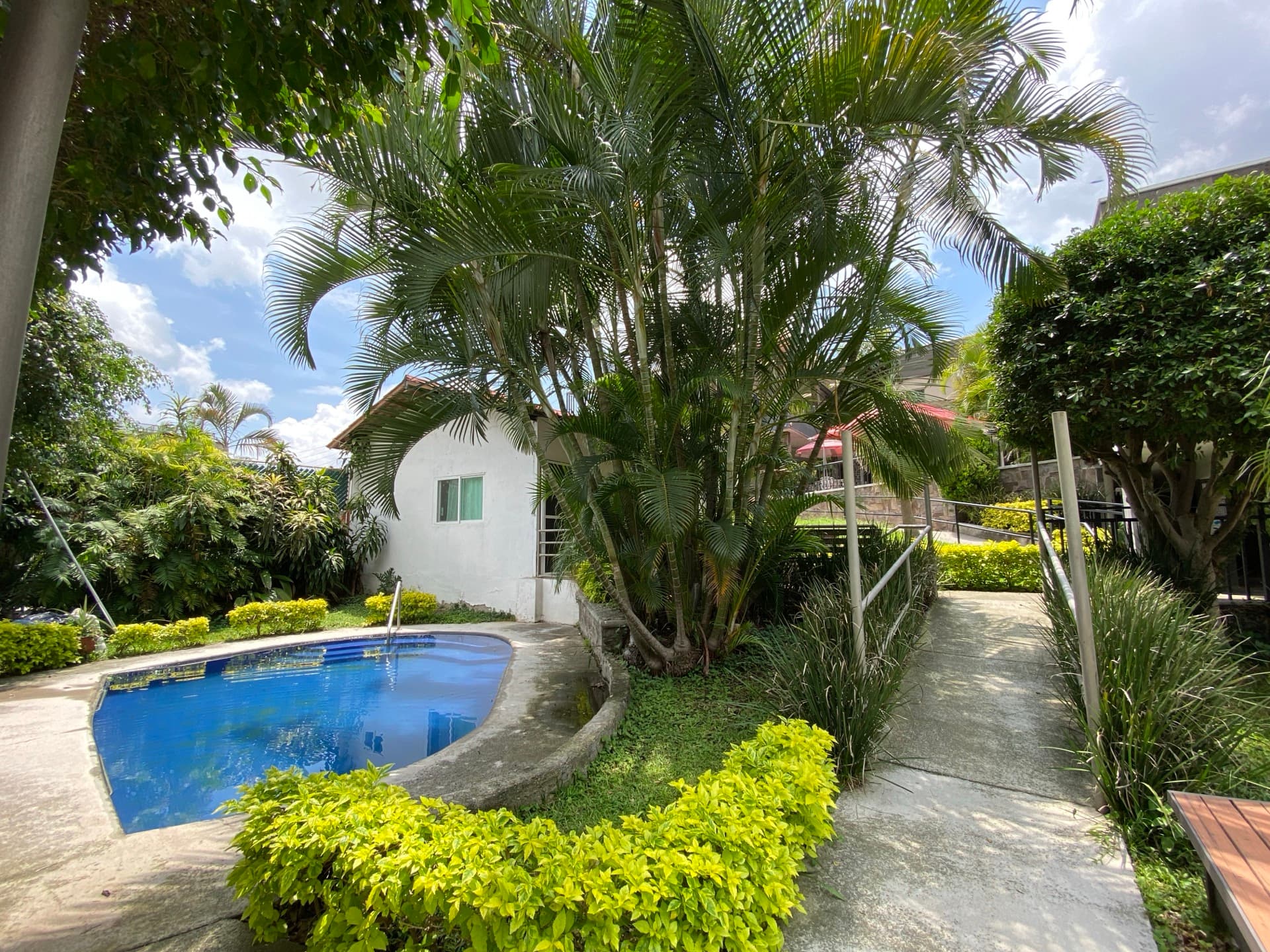 Pool and walkway among gardens